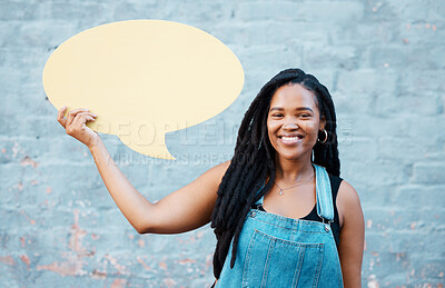Buy stock photo Black woman with chat board or speech bubble with mock up for advertising, marketing or promotion with youth, african voice. Happy portrait of teenager, gen z girl with paper opinion copy space sign