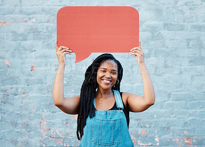 Buy stock photo Black woman, feedback or speech bubble for idea, social media or review mock up copy space. Happy portrait of girl, vote or text graphic icon for opinion, communication or survey dialogue ballon.
