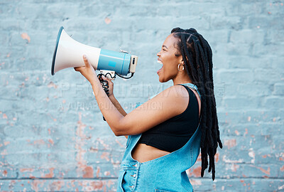 Buy stock photo Megaphone voice, black woman and attention for speech, protest and loud communication. Freedom rally, noise and warning announcement fight for gender equality, politics and human rights revolution