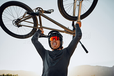 Buy stock photo Mountain bike, sports man and winner celebrate success, fitness goal or winning outdoor competition blue sky mockup. Motorcycle person lift bicycle for achievement, motivation or target celebration