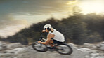 Motion blur of mountain bike man, action and bicycle speed adventure, freedom and fast race in nature course outdoors. Cycling sports athlete training, moving and dangerous momentum skills on trail
