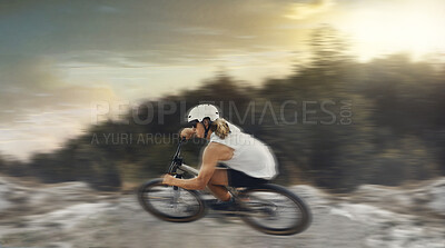 Buy stock photo Motion blur of mountain bike man, action and bicycle speed adventure, freedom and fast race in nature course outdoors. Cycling sports athlete training, moving and dangerous momentum skills on trail