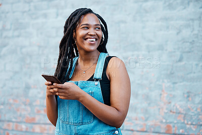 Buy stock photo Smartphone, digital networking and black woman with mobile app, social media post or 5g internet outdoor with mock up blue wall. Happy african gen z girl typing on her cellphone for youth online blog