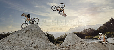 Buy stock photo Bmx cyclist, fitness or stunt jump air performance on Australian track or nature park trail in cycling exercise or training. Extreme sports, danger risk or mountain bike man in energy freedom workout