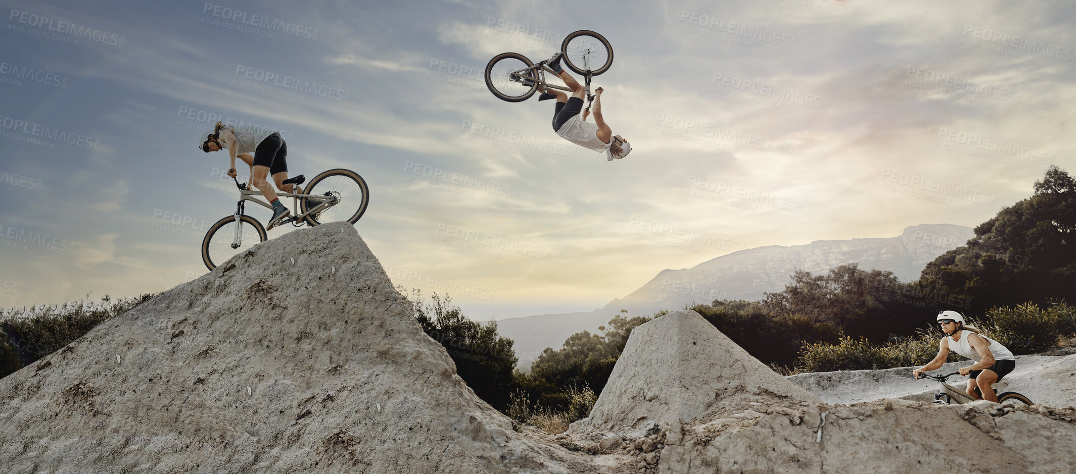 Buy stock photo Bmx cyclist, fitness or stunt jump air performance on Australian track or nature park trail in cycling exercise or training. Extreme sports, danger risk or mountain bike man in energy freedom workout