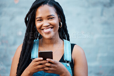 Buy stock photo Black woman, portrait and city phone for social media typing, contact and communication on smartphone technology in urban Jamaica. Happy gen z hipster girl on mobile apps, 5g internet and web connect