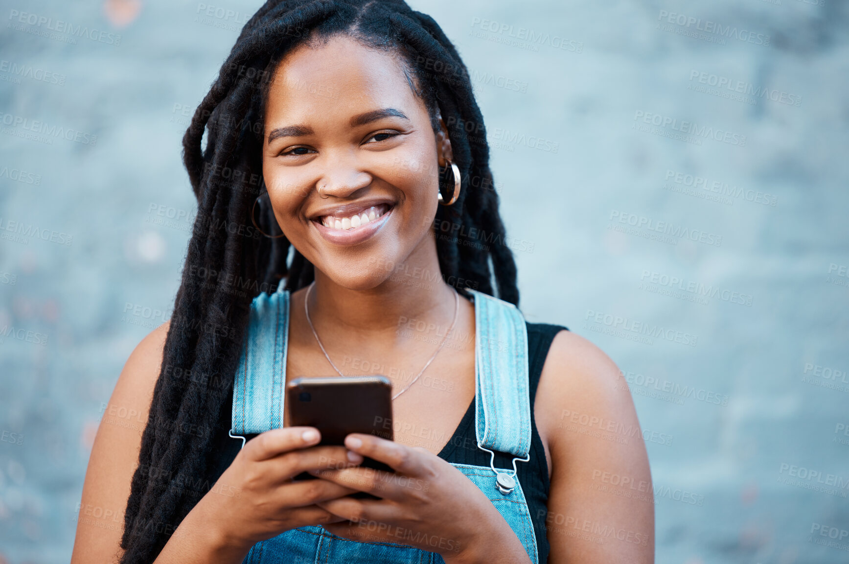 Buy stock photo Black woman, portrait and city phone for social media typing, contact and communication on smartphone technology in urban Jamaica. Happy gen z hipster girl on mobile apps, 5g internet and web connect