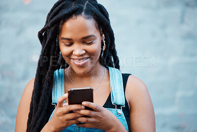 Buy stock photo Black woman, social media and city phone typing, contact and communication on smartphone technology in Jamaica city. Gen z girl mobile apps, connection and 5g web online with internet notification
