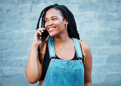 Buy stock photo Happy black woman, phone call and smile in communication, talking and conversation in the outdoors. African female smiling, mobile smartphone discussion for wireless 5g connection in the Philippines