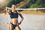 Thumbs up, black woman and beach volleyball success, winning and summer sports motivation in Brazil. Portrait of happy fitness athlete celebrate excited goal for achievement, yes sign and like emoji