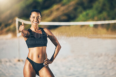 Buy stock photo Thumbs up, black woman and beach volleyball success, winning and summer sports motivation in Brazil. Portrait of happy fitness athlete celebrate excited goal for achievement, yes sign and like emoji