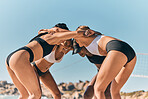 Beach volleyball, sports and women team huddle, support or collaboration. Communication, workout and fitness athletes gathering for strategy, motivation or teamwork spirit together outdoors in nature