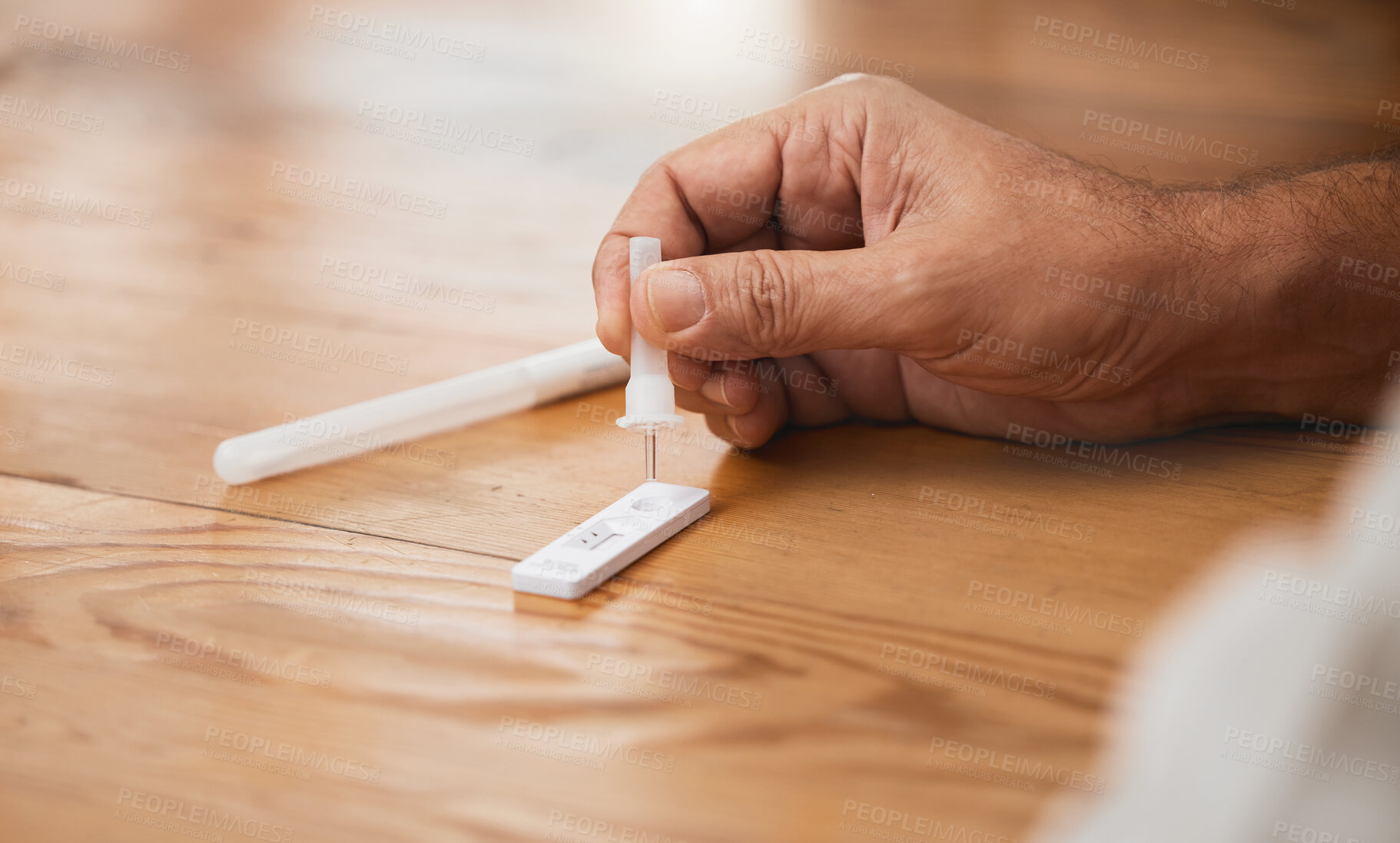 Buy stock photo Hands, covid antigen test or dropper in home kit, house or living room for healthcare insurance or medical virus disease. Zoom, man or pcr covid 19 check for patient in isolation lockdown compliance