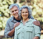 Senior couple, happy and smile in nature with a love and marriage mindset outdoor. Portrait of a elderly man and woman together with happiness from retirement with quality time and freedom mindset