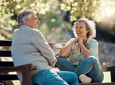 Buy stock photo Park bench, couple and senior people with love and happiness in nature enjoying summer. Happy smile of elderly woman and man retirement together relax laughing outdoor having a fun conversation 