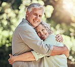 Hug, nature park and senior couple on love date and travel holiday in Canada together in summer. Portrait of elderly man and woman hugging with smile in garden with bokeh background on vacation