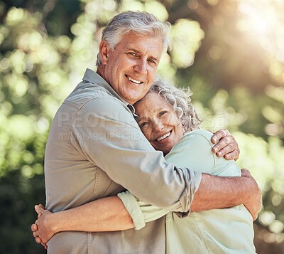 Buy stock photo Hug, nature park and senior couple on love date and travel holiday in Canada together in summer. Portrait of elderly man and woman hugging with smile in garden with bokeh background on vacation