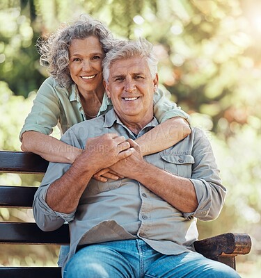 Buy stock photo Love, portrait and elderly couple hug and bonding in a park, happy and relax in nature together. Retirement, care and senior man and woman enjoying relationship and relaxing lifestyle with affection