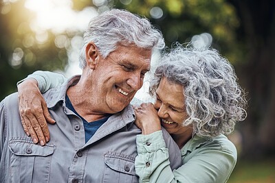 Buy stock photo Senior couple smile and happy with conversation outdoor at a forest, care and love. Elderly man and woman talking, laugh and peaceful day in nature, enjoying retirement and healthy relationship