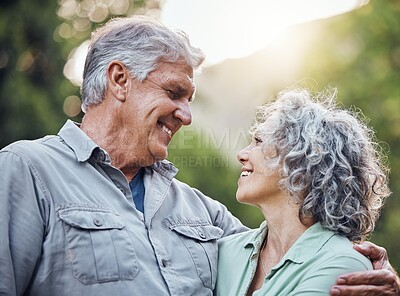 Buy stock photo Smile, nature park and senior couple on holiday in Indonesia for happy retirement together in summer. Love, hug and happiness for elderly man and woman on vacation walking in a green garden 