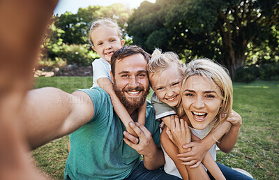 Buy stock photo Nature, selfie and portrait of a happy family on a picnic together in outdoor green garden. Happy, smile and parents playing, hugging and bonding with children outside in backyard or park in canada.