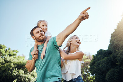 Buy stock photo Family, children and adventure with a girl, mother and father in a forest, woods or nature park for fun and discovery. Kids, trees and bonding with a man, woman and daughter walking outdoor together