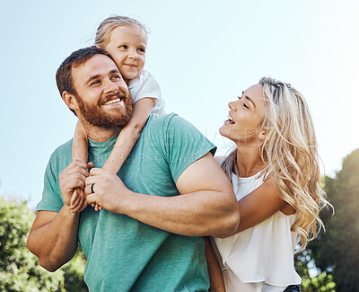 Buy stock photo Family, children and nature with a girl, mother and father in a park for fun or adventure together. Kids, happy and love with a man, woman and daughter outdoor in a garden during summer vacation