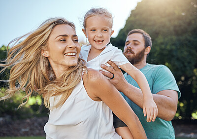 Buy stock photo Health, playing and happy family bonding on a walk in nature, laughing and having fun outdoors together. Energy, love and happy kid enjoying freedom with playful, active parents at a park in summer