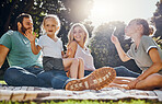 Happy family, picnic and summer, fun in park with children and parents bonding and playing on grass. Relax, nature and excited kids enjoying freedom and fun activity with cheerful mother and father