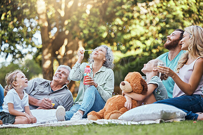 Buy stock photo Happy big family, park picnic and love bonding, happiness and joy for reunion together smile in outdoor nature. Elderly Grandparents, mother and dad playing outside with excited girl children or kids