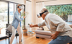VR, gaming and metaverse with a senior couple playing a video game in their home for fun together. 3d, virtual reality and internet with an elderly gamer and his wife enjoying an immersive experience
