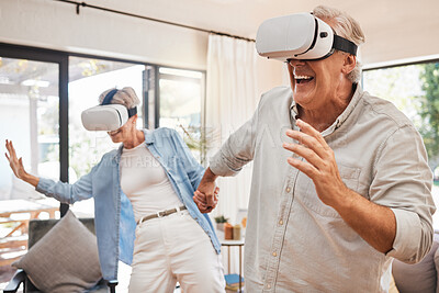 Buy stock photo VR, 3d technology and senior couple with metaverse games in the living room of the house together. Happy, excited and comic elderly man and woman playing digital video entertainment in the lounge