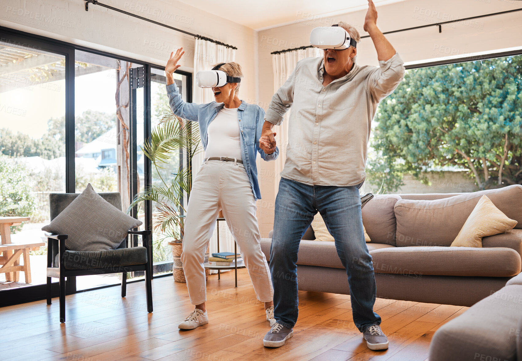 Buy stock photo Vr dance, 3d and senior couple with games for creative, futuristic and comic happiness in the living room of the house. Elderly man and woman playing metaverse and digital dancing on technology