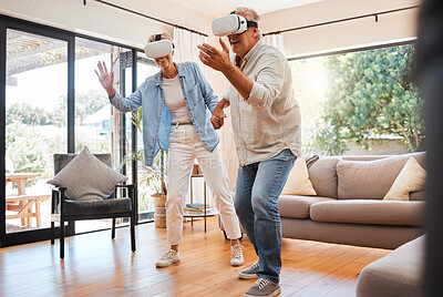 Buy stock photo Virtual reality, senior couple and 3d video game experience or digital gaming in living room home. Metaverse, futuristic technology of excited elderly people walk in ai simulation, online vr software