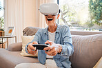 VR, metaverse and 3d gaming with a woman playing a video game on a sofa in the living room of her home. Virtual reality, esports and technology with a female gamer enjoying an online experience