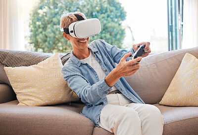 Buy stock photo 3d, virtual reality and play digital game online with controller and  in a futuristic metaverse on sofa in her home. Vr headset, cyberspace and senior woman video gaming and streaming with tech
