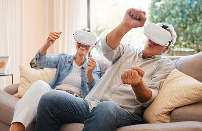 Buy stock photo Elderly, couple and VR on sofa for gaming online in home living room. Man, woman and virtual reality glasses for esports while relax in house with technology, fun and 3D games together in retirement