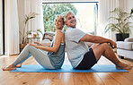 Health, senior couple and doing yoga, meditation and smile for wellness, fitness and workout on yoga mat together. Retirement, happy man and woman exercise, training and healthy in house on floor. 