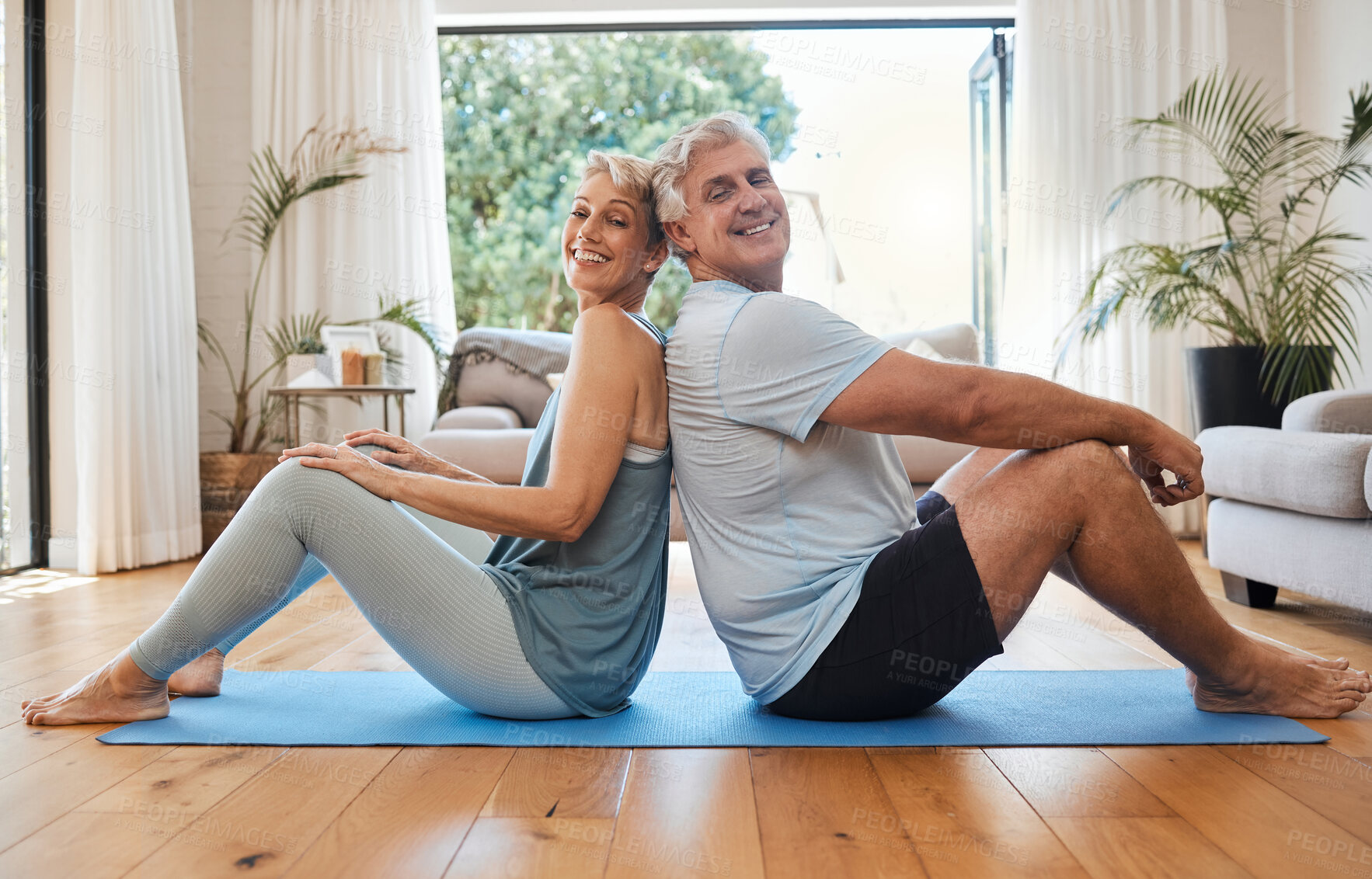 Buy stock photo Health, senior couple and doing yoga, meditation and smile for wellness, fitness and workout on yoga mat together. Retirement, happy man and woman exercise, training and healthy in house on floor. 