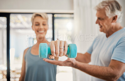 Buy stock photo Elderly, couple and training in home for health, motivation and fitness. Retirement, woman and man teaching in weightlifting workout in living room for wellness, exercise and healthy lifestyle