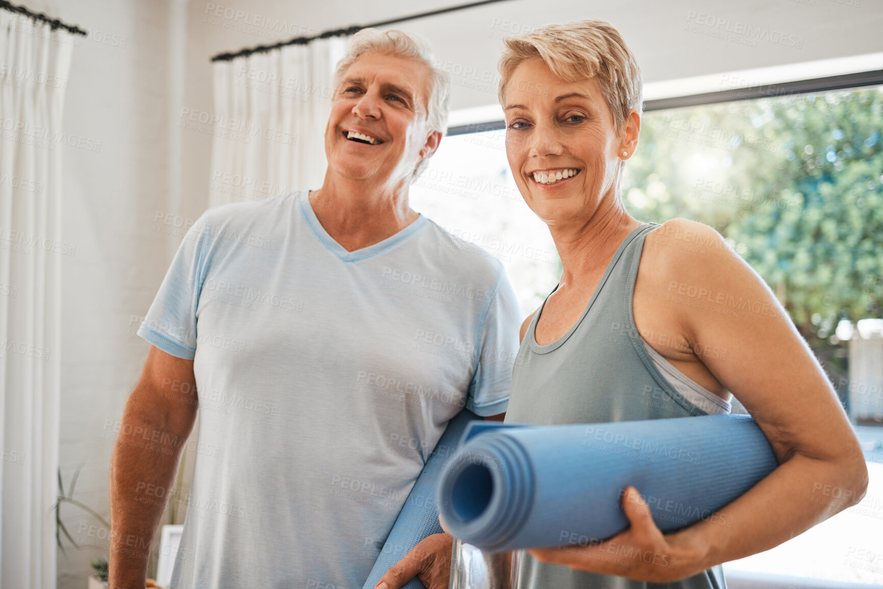 Buy stock photo Workout portrait, fitness and senior couple training for health in the living room in the house together. Happy elderly man and woman with smile for exercise and meditation in the lounge of home