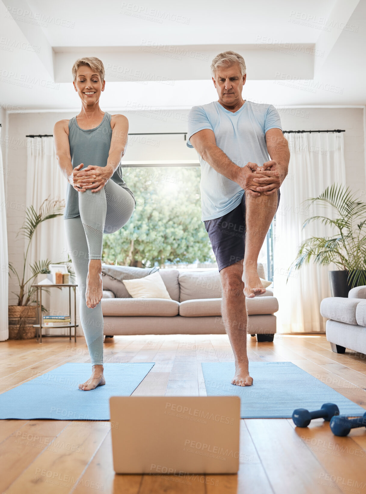 Buy stock photo Mature couple, laptop and home yoga tutorial in house living room for body stretching, relax fitness workout and exercise training. Happy smile, zen woman and senior man with laptop for pilates class