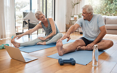 Buy stock photo Stretching, fitness and senior couple with workout on the internet together on the living room floor. Happy, calm and healthy elderly man and woman training for wellness with exercise video on web