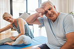 Relax, yoga and senior couple with tired man resting on mat with fatigue from fitness exercise. Happy, married and  retirement woman laughing at husband exhausted from home pilates workout. 


