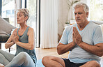 Meditation, pilates and senior yoga couple work on stress relief, fitness or chakra energy training. Retirement, namaste, and elderly man and woman meditating for peace, wellness or spiritual freedom