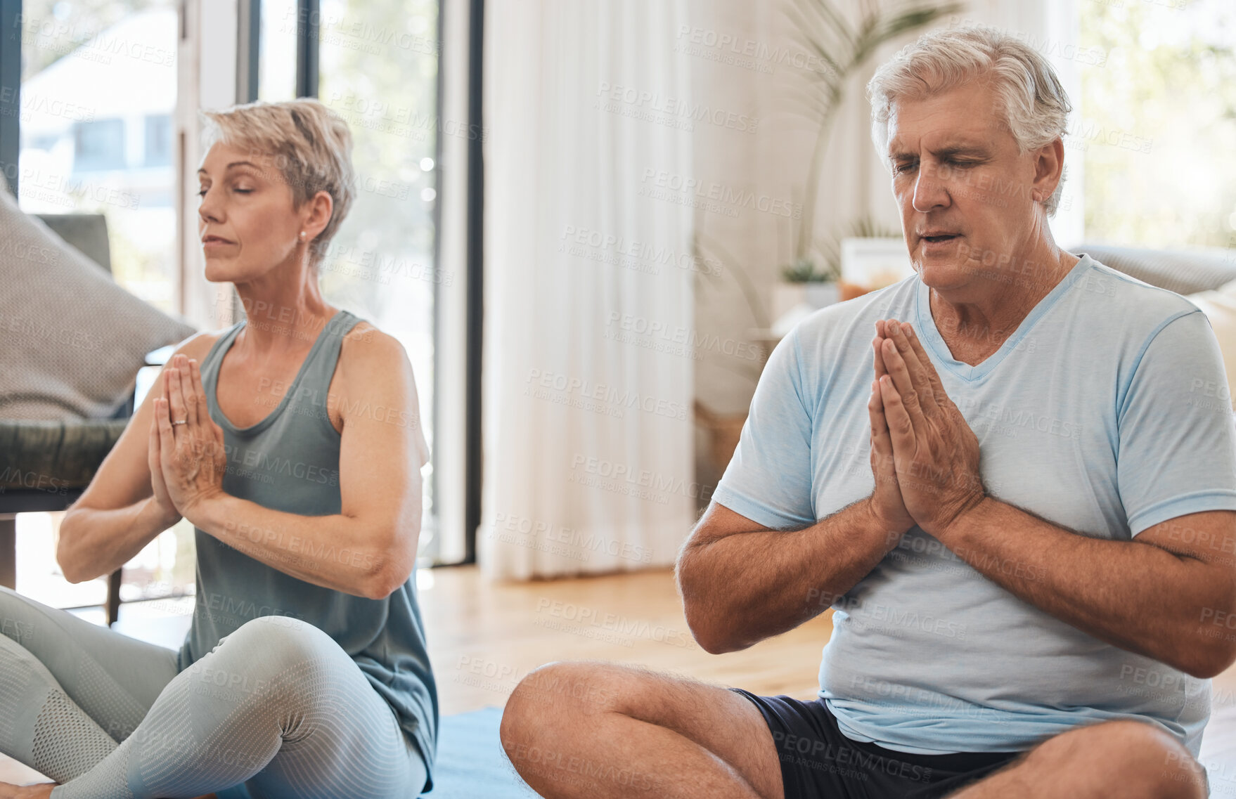 Buy stock photo Meditation, pilates and senior yoga couple work on stress relief, fitness or chakra energy training. Retirement, namaste, and elderly man and woman meditating for peace, wellness or spiritual freedom