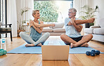 Stretching, happy morning and senior couple training with online workout in the living room of their house. Elderly man and woman doing warm up before fitness exercise with internet yoga on tech 