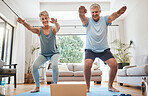 Elderly, couple and yoga in home with laptop for training with video online. Man, woman and retirement with computer for class on internet together in living room for health, wellness and fitness