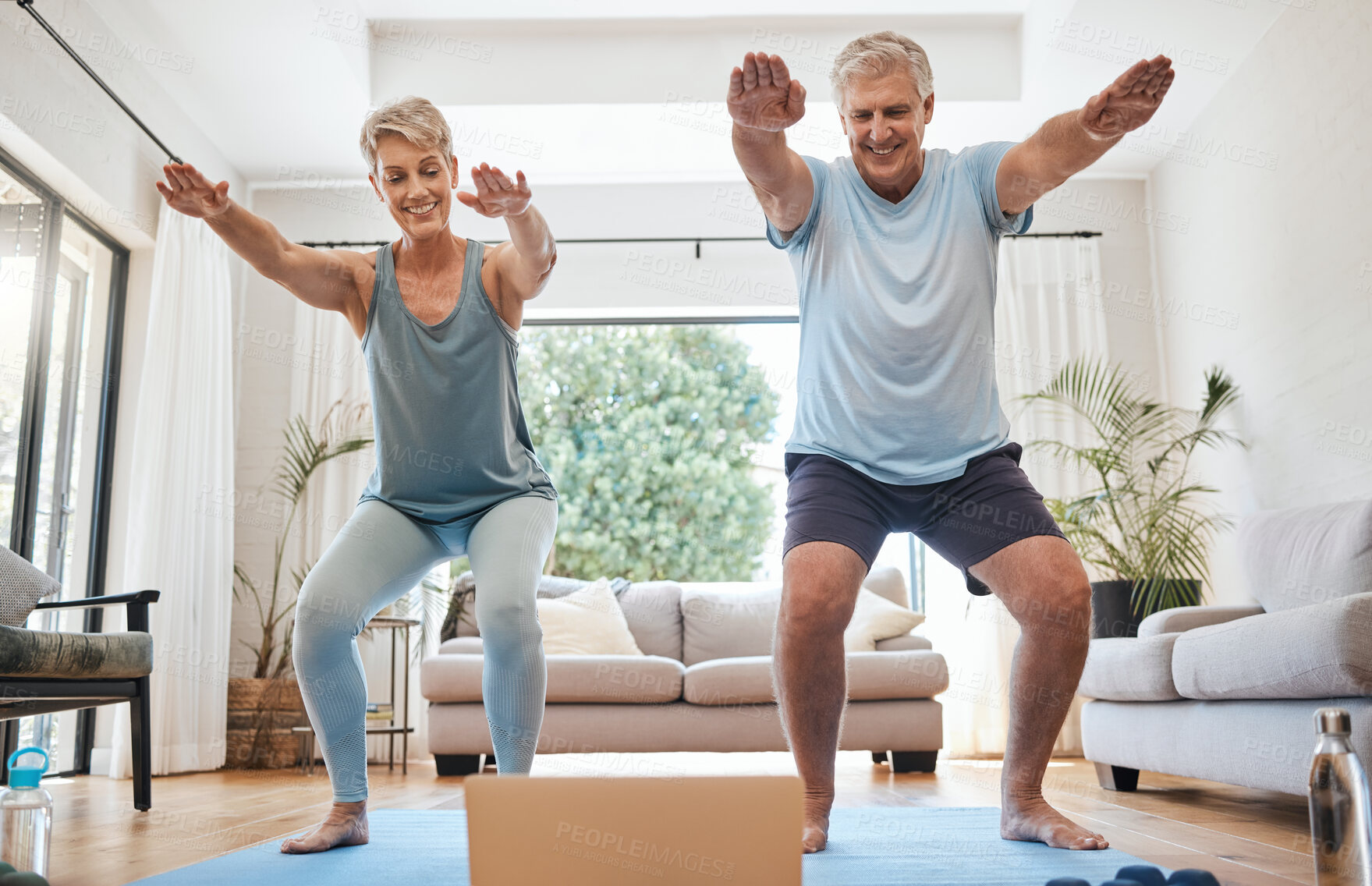 Buy stock photo Elderly, couple and yoga in home with laptop for training with video online. Man, woman and retirement with computer for class on internet together in living room for health, wellness and fitness