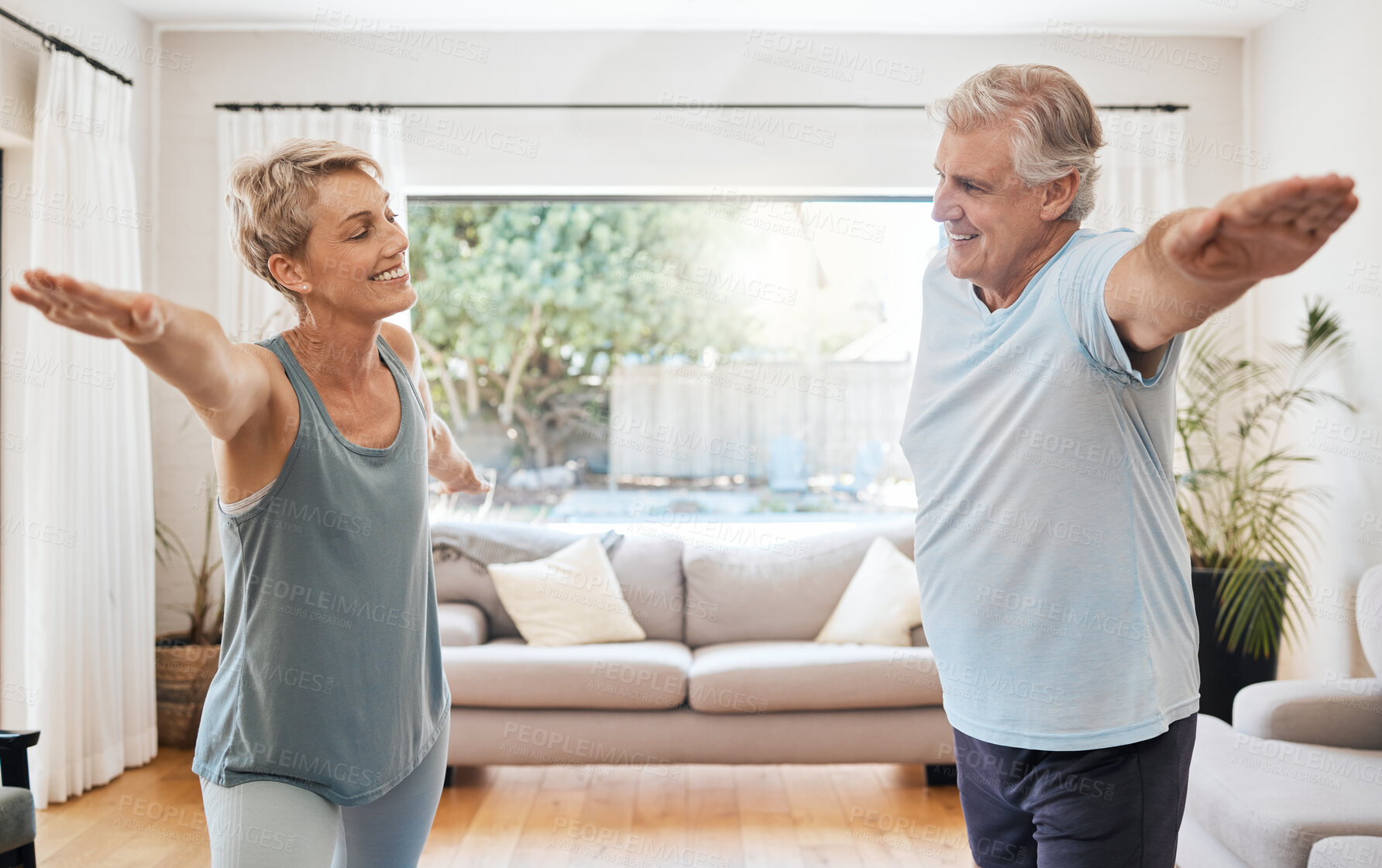 Buy stock photo Yoga wellness in home, senior couple stretching muscles in living room and retirement wellness in Australia. Fitness training body together, healthy workout in lounge and happy relax in exercise pose